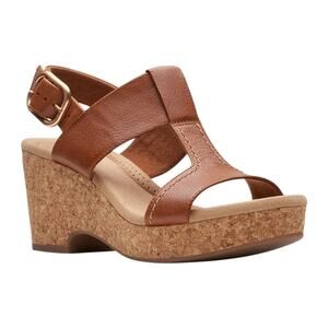 Clarks Women's Giselle Style Leather Wedge Heel Platform Sandals Tan Size 6 1/2